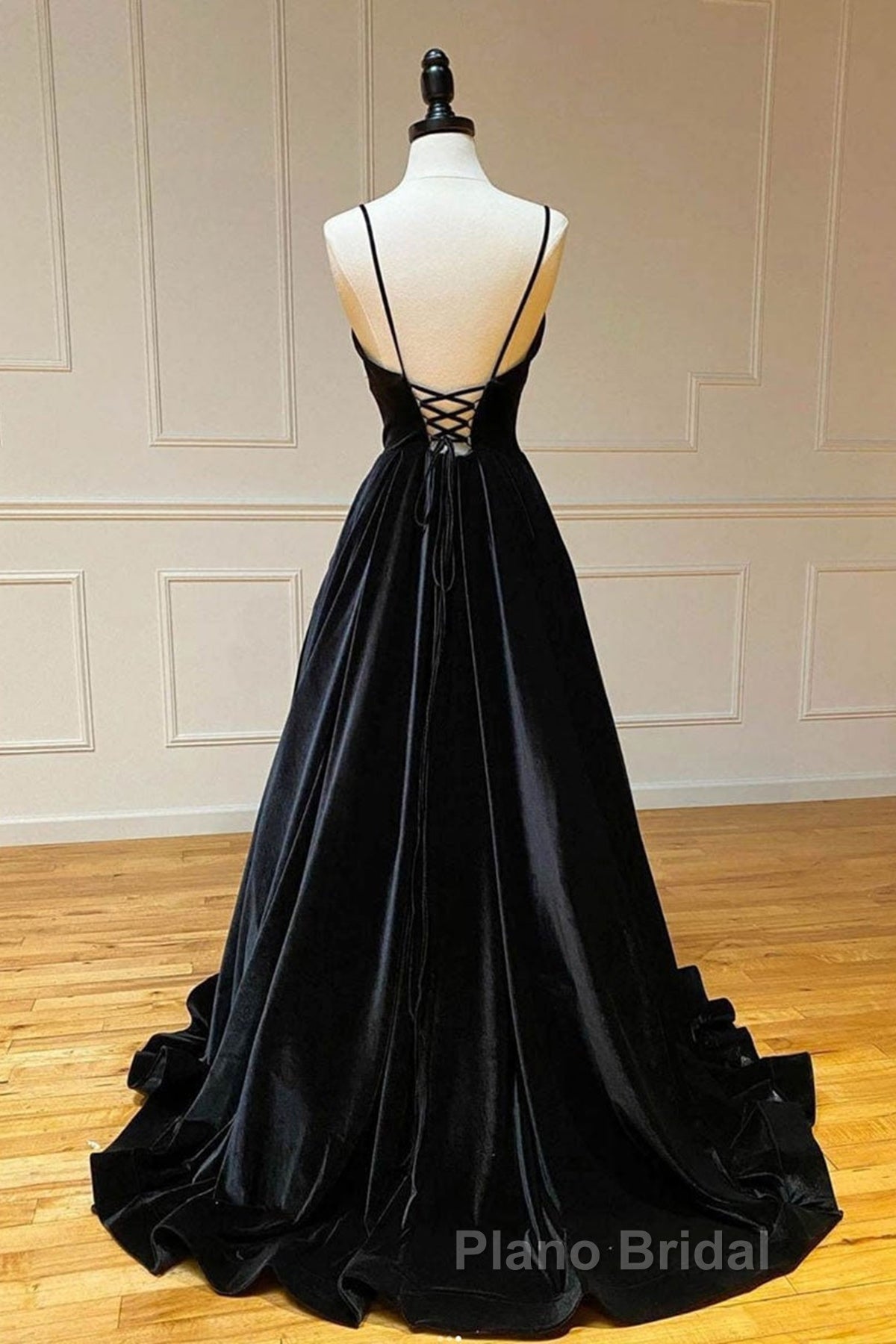 A Line V Neck Backless Black Velvet Long Formal Prom Dresses, V Neck Black Formal Dresses, Black Velvet Evening Dresses