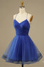 A Line V Neck Backless Blue Tulle Formal Prom Dress, Backless Blue Homecoming Dress, Short Blue Formal Evening Dress