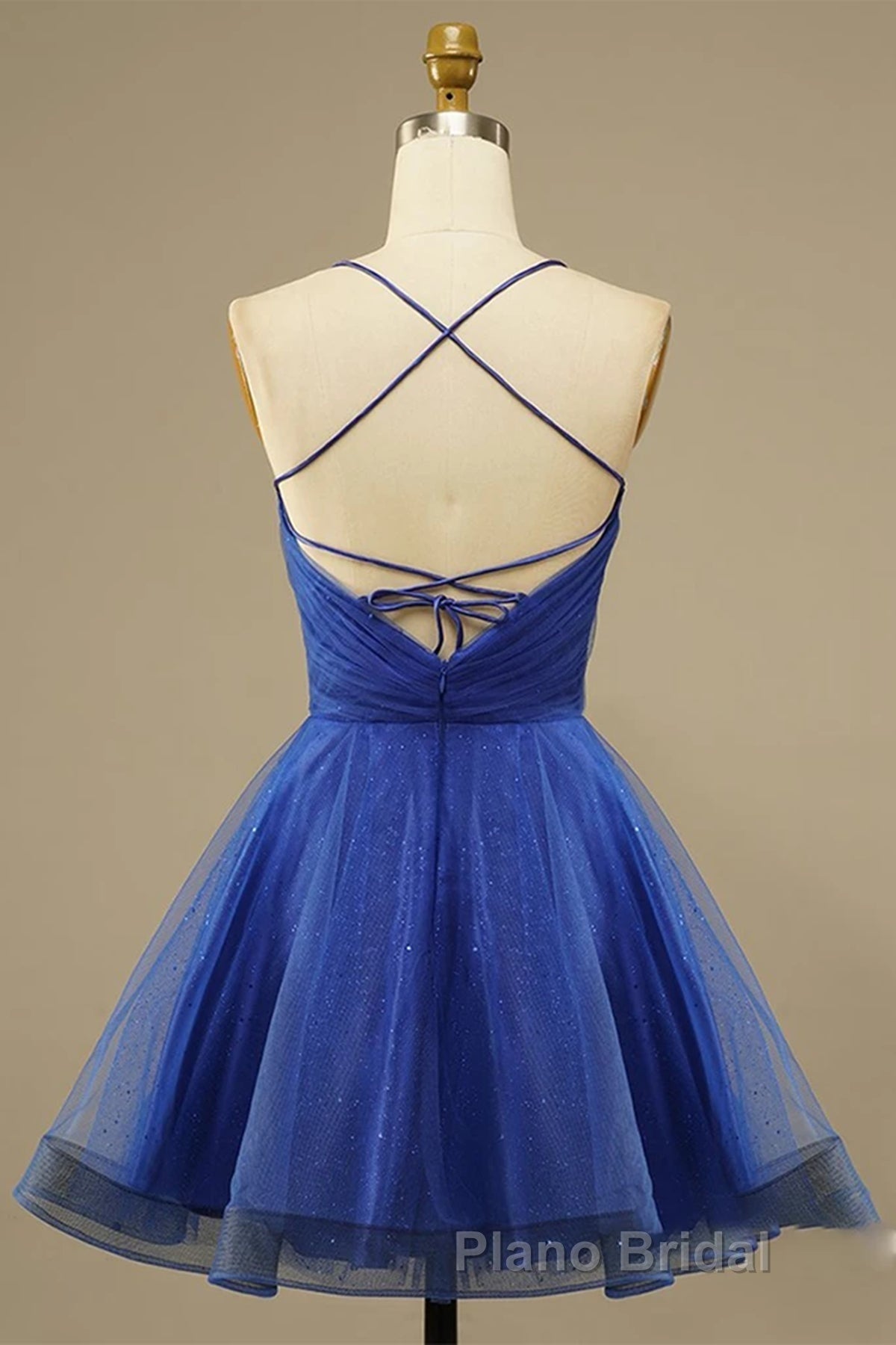 A Line V Neck Backless Blue Tulle Formal Prom Dress, Backless Blue Homecoming Dress, Short Blue Formal Evening Dress