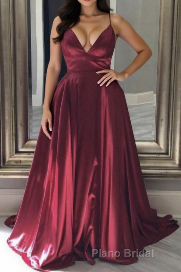 A Line V Neck Backless Burgundy Long Formal Prom Dresses, Backless Burgundy Formal Graduation Evening Dresses
