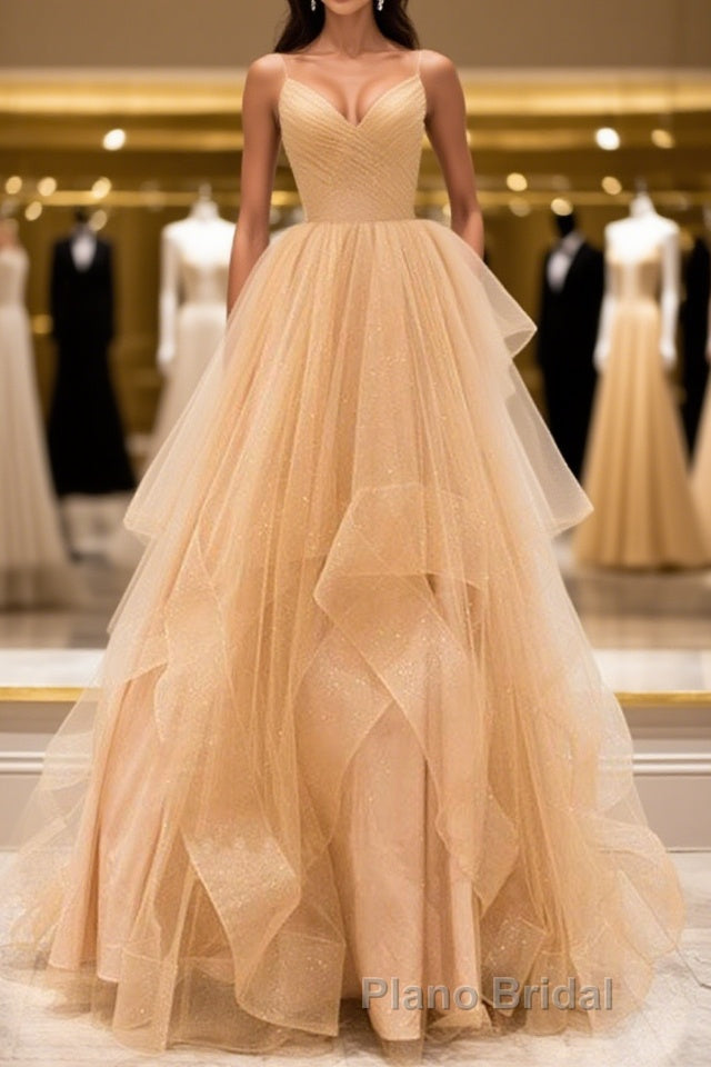 A Line V Neck Backless Champagne Long Formal Prom Dresses, V Neck Champagne Formal Dresses, Champagne Evening Dresses Main image