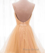 A Line V Neck Backless Champagne Long Formal Prom Dresses, V Neck Champagne Formal Dresses, Champagne Evening Dresses