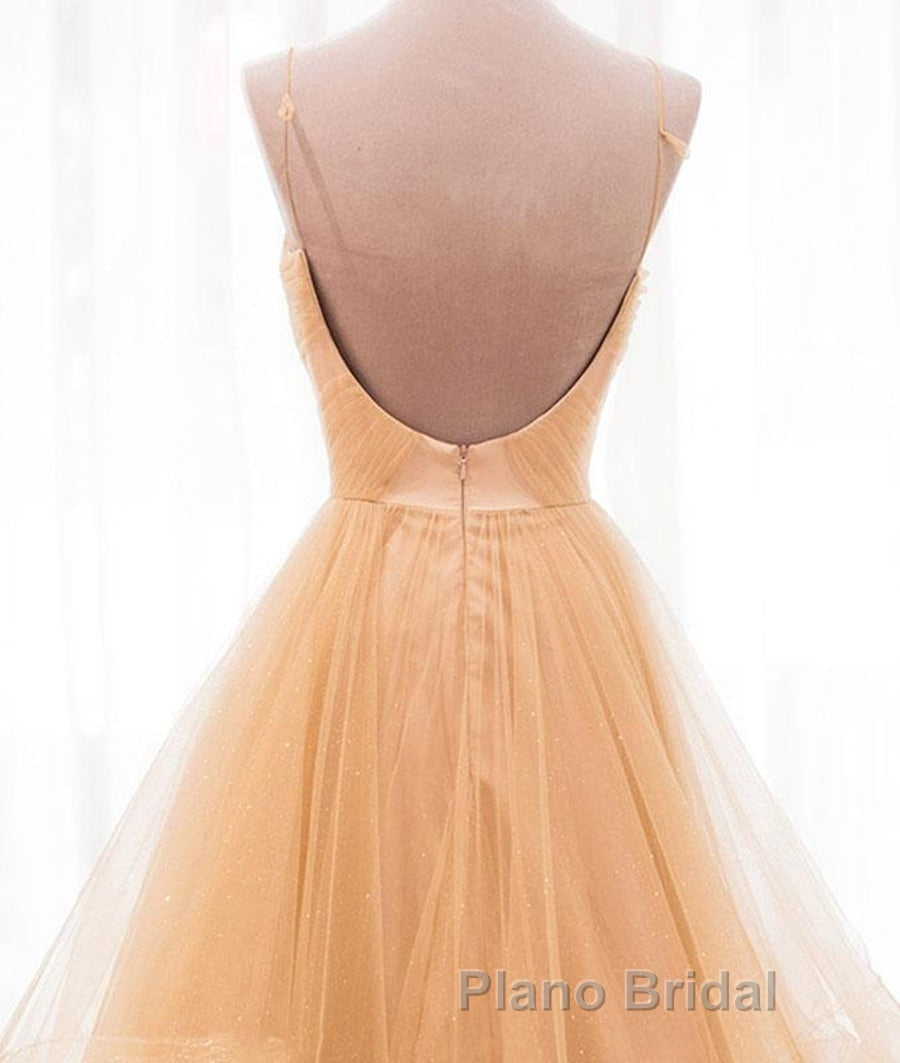 A Line V Neck Backless Champagne Long Formal Prom Dresses, V Neck Champagne Formal Dresses, Champagne Evening Dresses