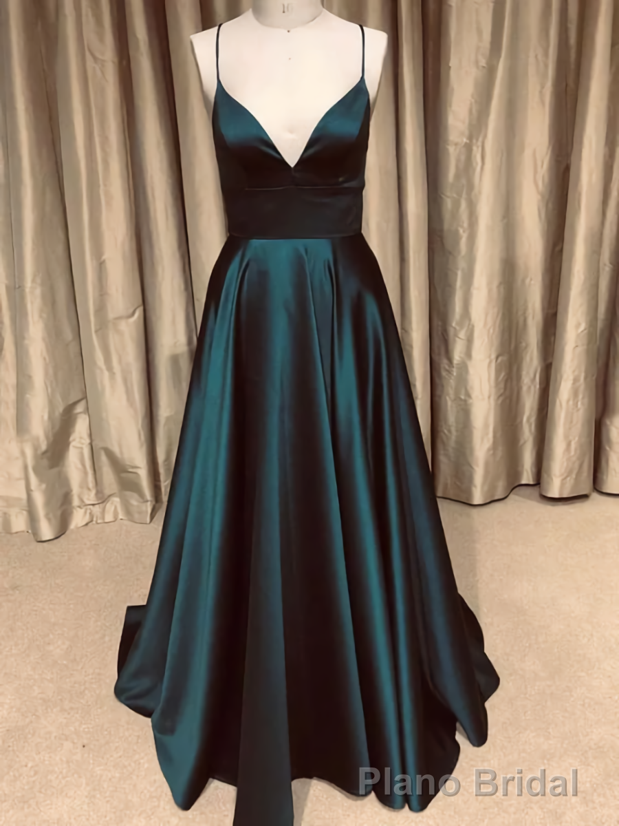 A Line V Neck Backless Dark Green Long Prom Dresses Main image