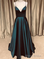 A Line V Neck Backless Dark Green Long Prom Dresses