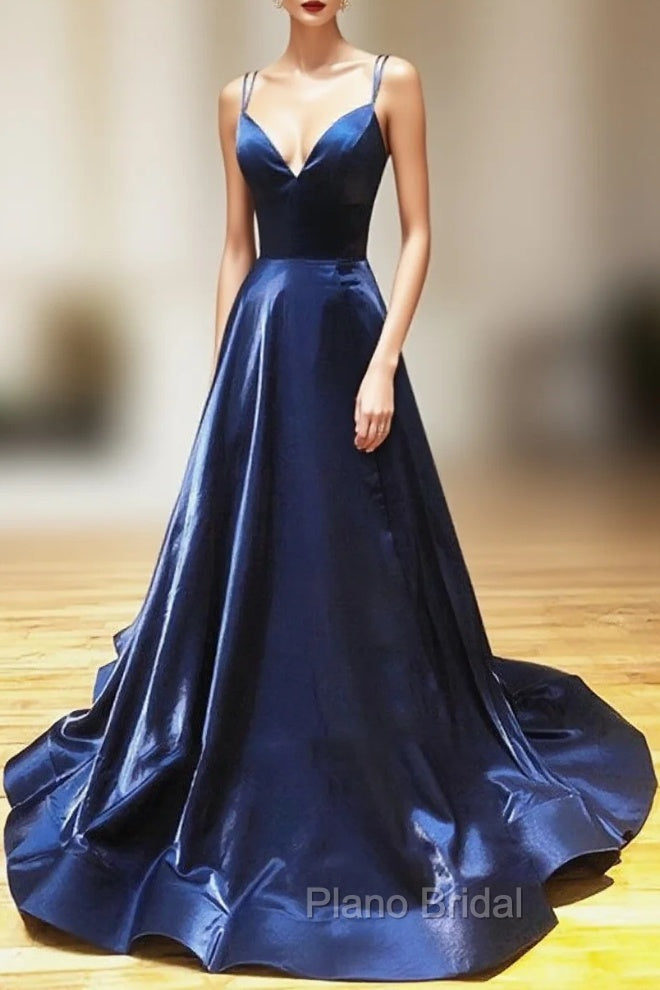 A Line V Neck Backless Dark Navy Blue Formal Prom Dresses, Open Back Navy Blue Formal Evening Dresses Main image