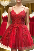 A Line V Neck Backless Lace Red Short Formal Prom Dress Homecoming Dress, Backless Red Lace Formal Graduation Evening Dress