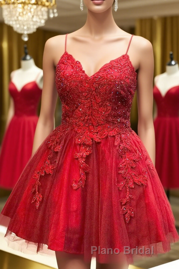 A Line V Neck Backless Lace Red Short Formal Prom Dress Homecoming Dress, Backless Red Lace Formal Graduation Evening Dress