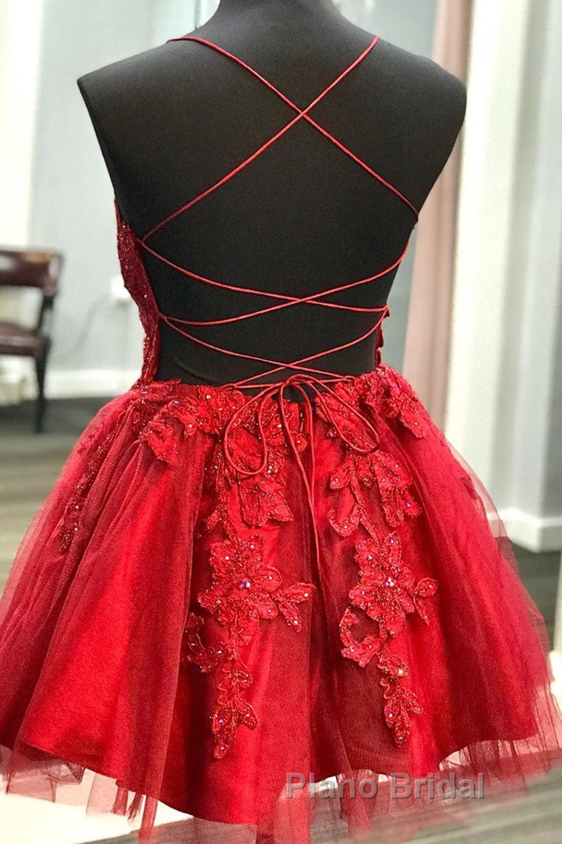A Line V Neck Backless Lace Red Short Formal Prom Dress Homecoming Dress, Backless Red Lace Formal Graduation Evening Dress Secondary image