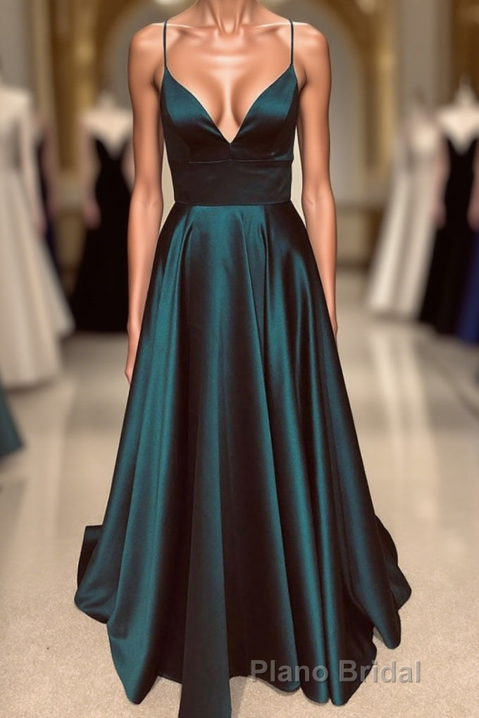 A Line V Neck Backless Long Formal Prom Dresses Simple Dark Green Formal Evening Gowns Main image