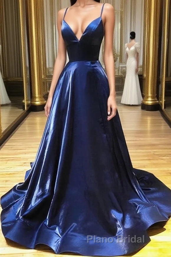 A Line V Neck Backless Navy Blue Formal Prom Dresses, Open Back Navy Blue Formal Evening Dresses Main image