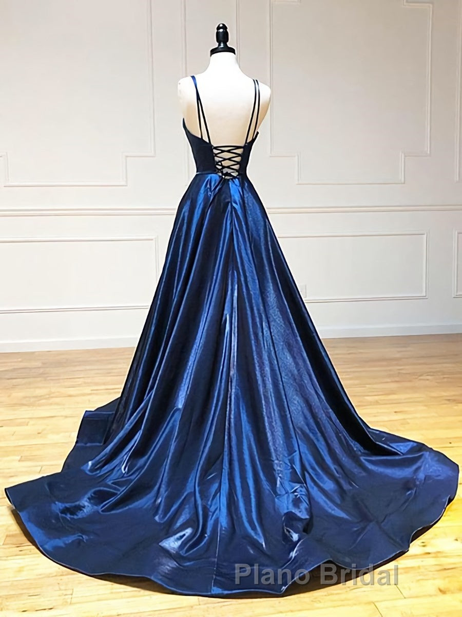 A Line V Neck Backless Navy Blue Formal Prom Dresses, Open Back Navy Blue Formal Evening Dresses