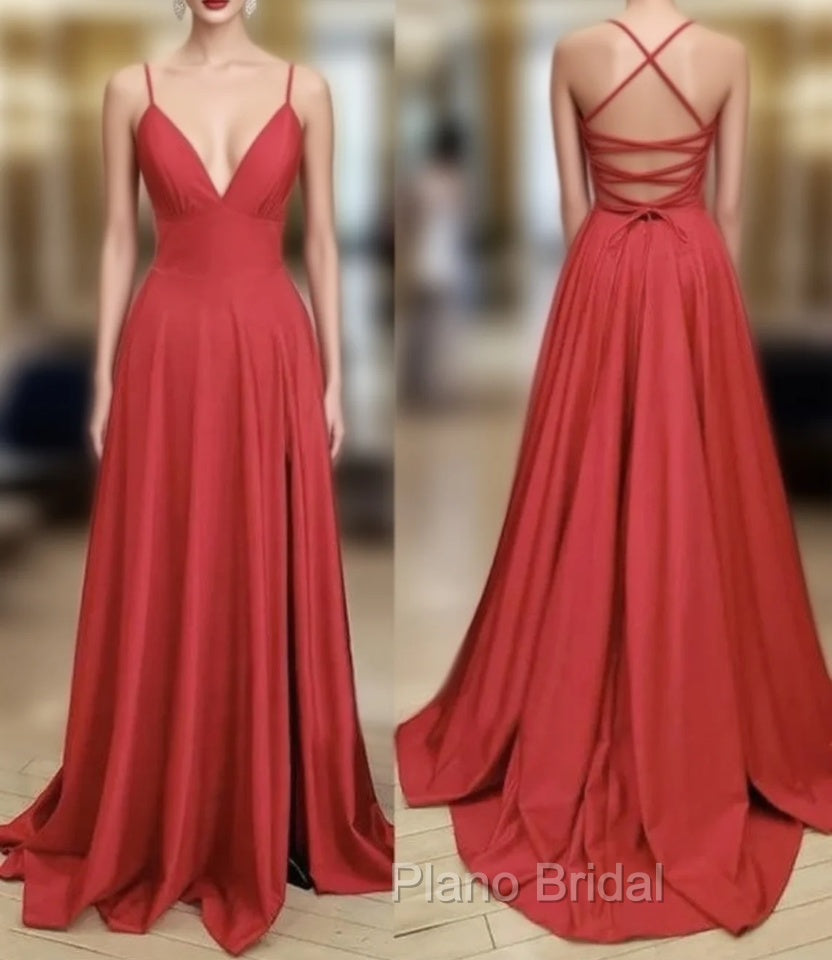 A Line V Neck Backless Red Long Formal Prom, Backless Red Fromal, Red Evening Main image