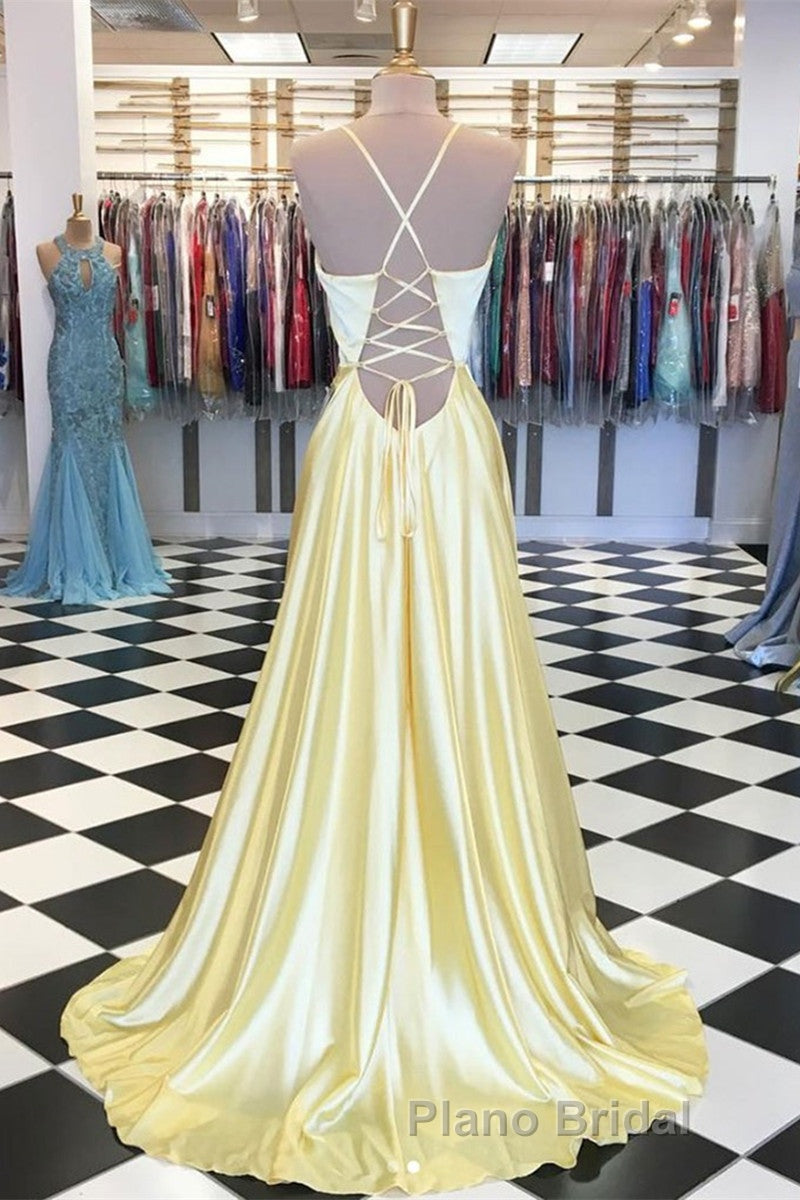 A Line V Neck Backless Yellow Satin Long Formal Prom Dresses, Yellow Backless Formal Dresses, Yellow Evening Dresses