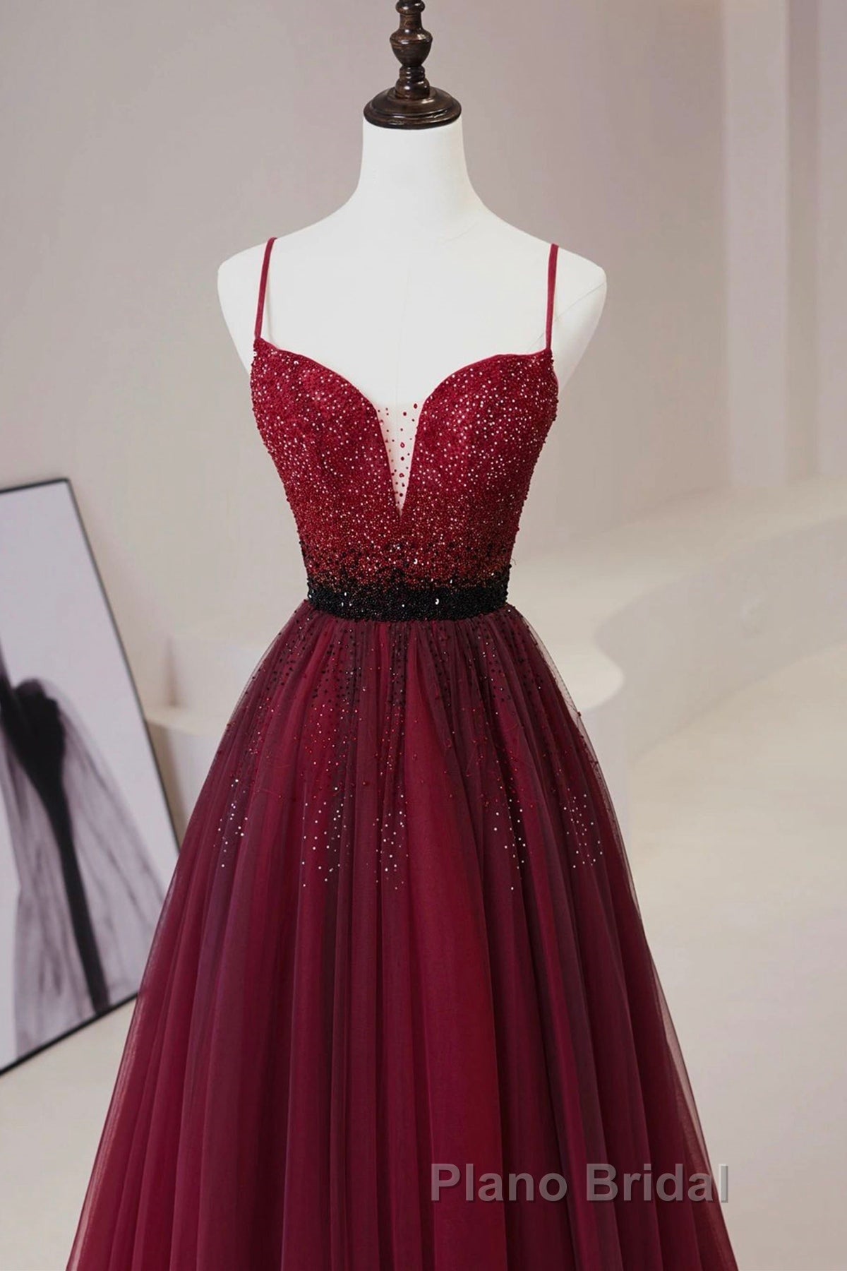 A Line V Neck Beaded Burgundy Tulle Long Formal Prom Dress, Beaded Burgundy Formal Graduation Evening Dress
