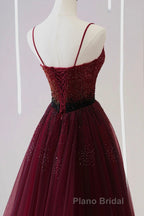 A Line V Neck Beaded Burgundy Tulle Long Formal Prom Dress, Beaded Burgundy Formal Graduation Evening Dress