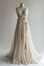 A-Line V-Neck Beaded Chiffon Long Formal Prom Dresses, Vintage Applique Wedding Dresses