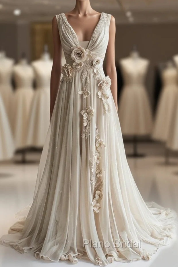 A-Line V-Neck Beaded Chiffon Long Formal Prom Dresses, Vintage Applique Wedding Dresses Main image