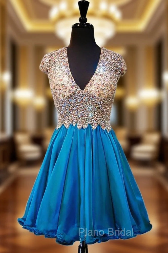 A-line V-neck Beaded Crystals Backless Blue Homecoming Dresses