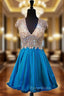 A-line V-neck Beaded Crystals Backless Blue Homecoming Dresses
