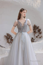 A Line V-Neck Beaded Floor Length Prom Dresses With Short Sleeves