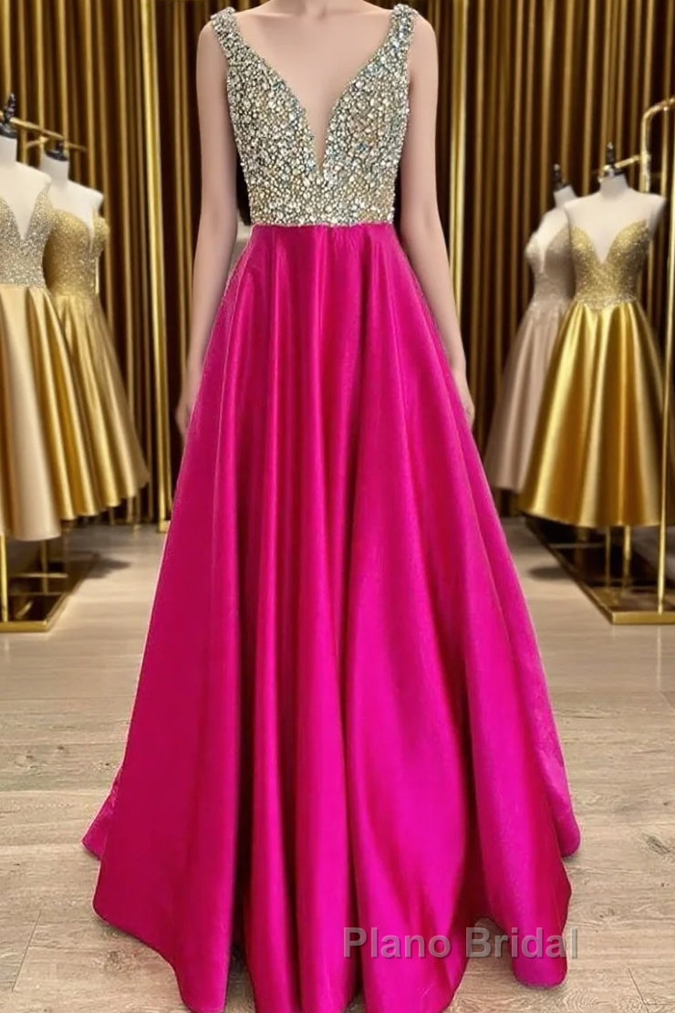 A Line V Neck Beaded Fuchsia Long Formal Prom Dress, V Neck Fuchsia Formal Dress, Beaded Fuchsia Evening Dress Main image