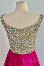 A Line V Neck Beaded Fuchsia Long Formal Prom Dress, V Neck Fuchsia Formal Dress, Beaded Fuchsia Evening Dress