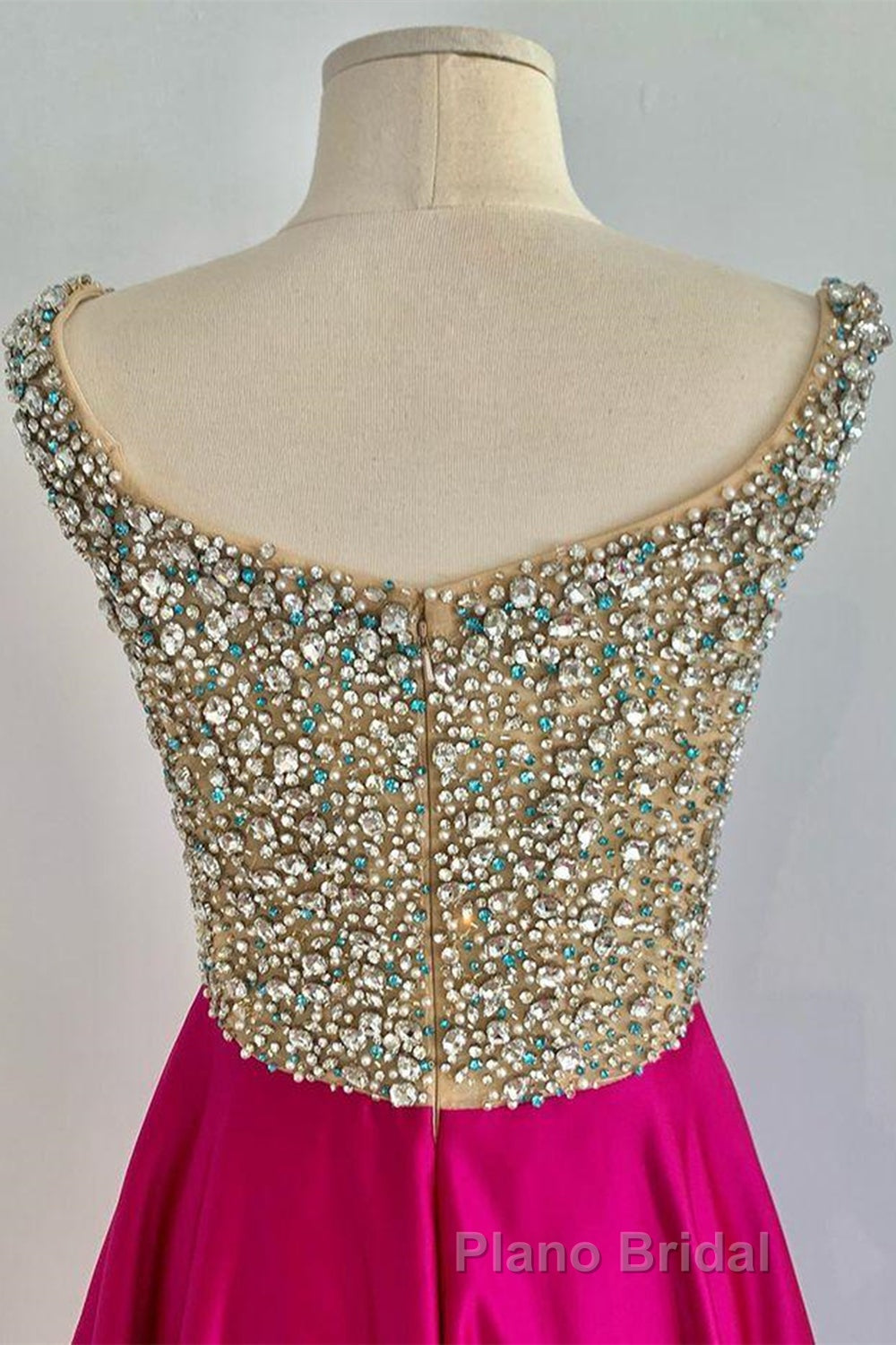 A Line V Neck Beaded Fuchsia Long Formal Prom Dress, V Neck Fuchsia Formal Dress, Beaded Fuchsia Evening Dress