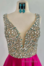 A Line V Neck Beaded Fuchsia Long Formal Prom Dress, V Neck Fuchsia Formal Dress, Beaded Fuchsia Evening Dress