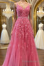 A Line V Neck Beaded Hot Pink Lace Long Formal Prom Dress, Hot Pink Lace Formal Graduation Evening Dress
