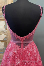 A Line V Neck Beaded Hot Pink Lace Long Formal Prom Dress, Hot Pink Lace Formal Graduation Evening Dress