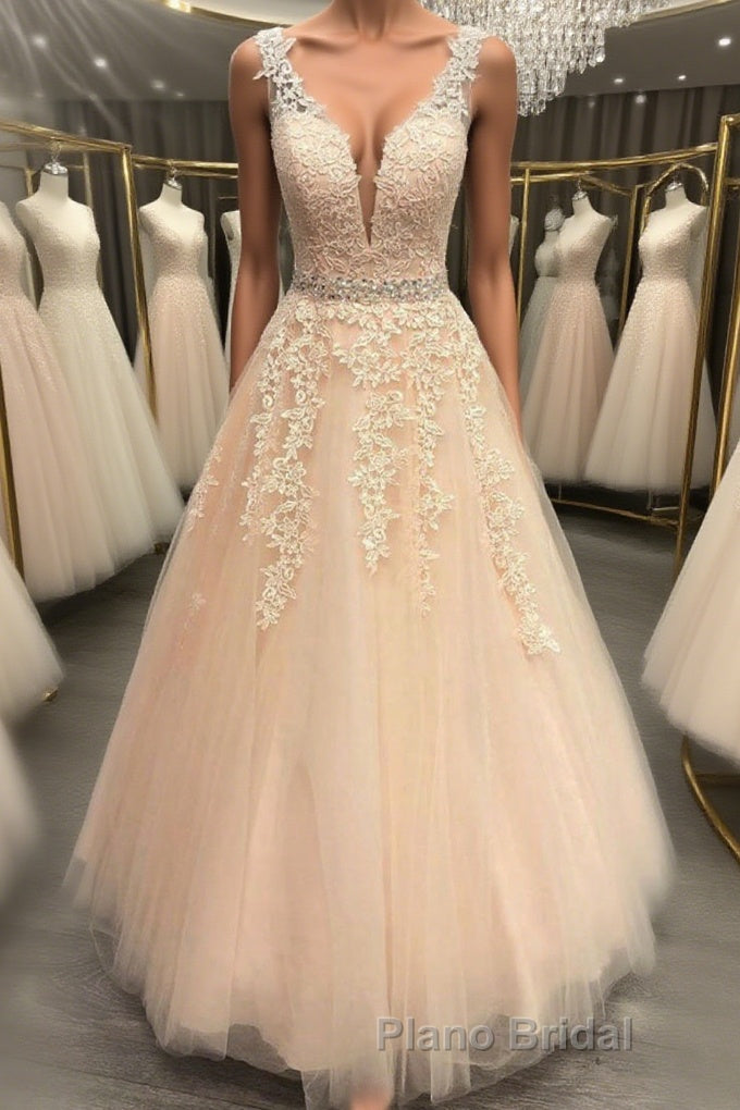 A Line V Neck Beaded Pink Lace Long Formal Prom Dress, V Neck Pink Lace Formal Dress, Pink Lace Evening Dress Main image