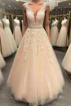A Line V Neck Beaded Pink Lace Long Formal Prom Dress, V Neck Pink Lace Formal Dress, Pink Lace Evening Dress