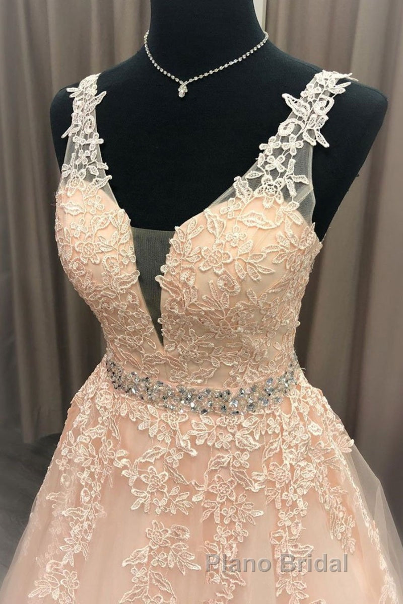 A Line V Neck Beaded Pink Lace Long Formal Prom Dress, V Neck Pink Lace Formal Dress, Pink Lace Evening Dress Secondary image