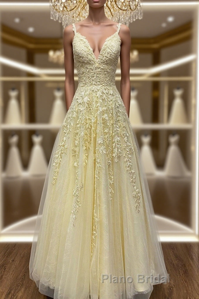 A Line V Neck Beaded Yellow Lace Tulle Long Formal Prom Dress, Yellow Lace Formal Dress, Beaded Yellow Evening Dress Main image