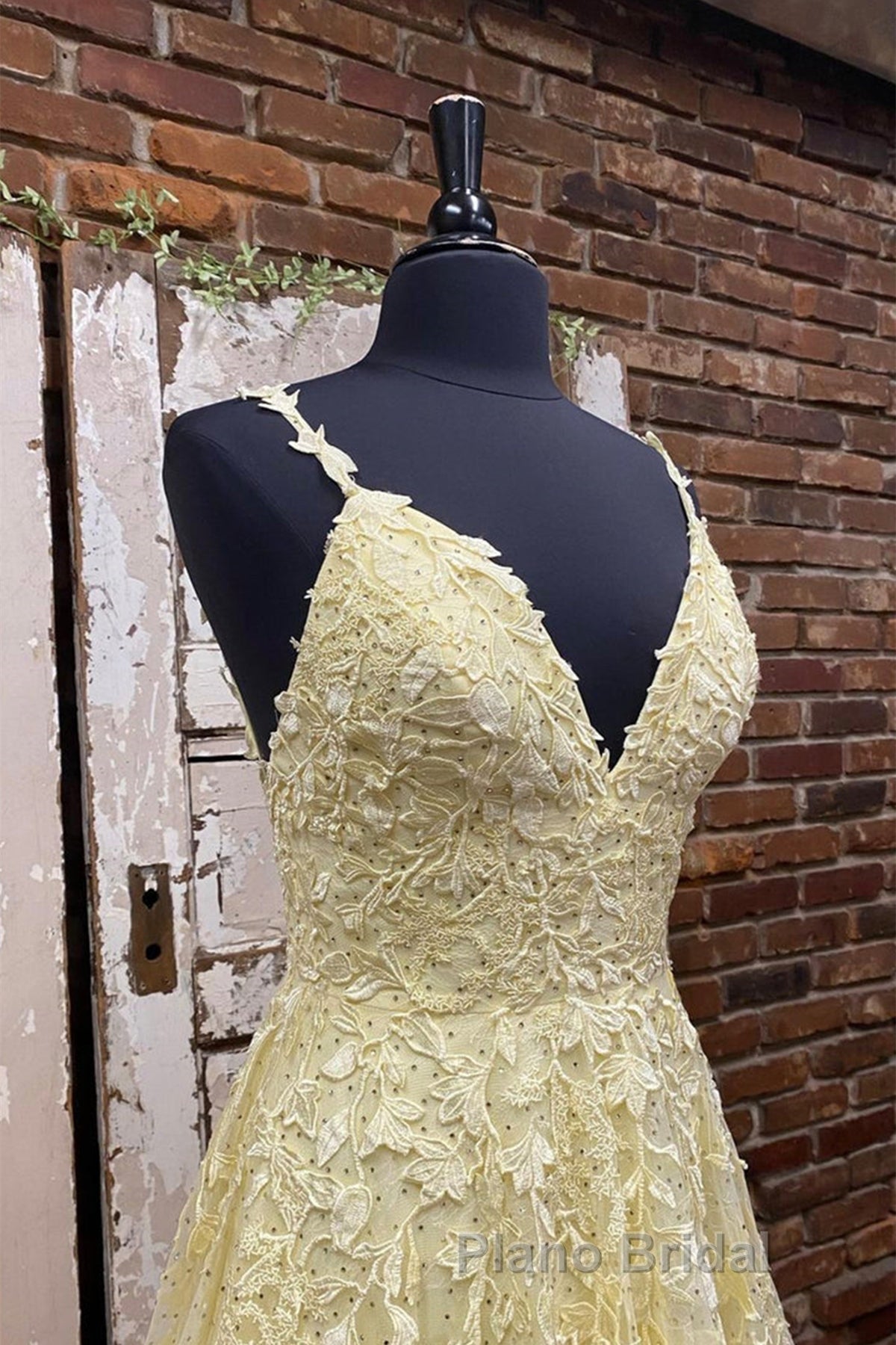 A Line V Neck Beaded Yellow Lace Tulle Long Formal Prom Dress, Yellow Lace Formal Dress, Beaded Yellow Evening Dress