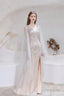 A Line V-Neck Beading Split Tulle Sweep Train Prom Dresses