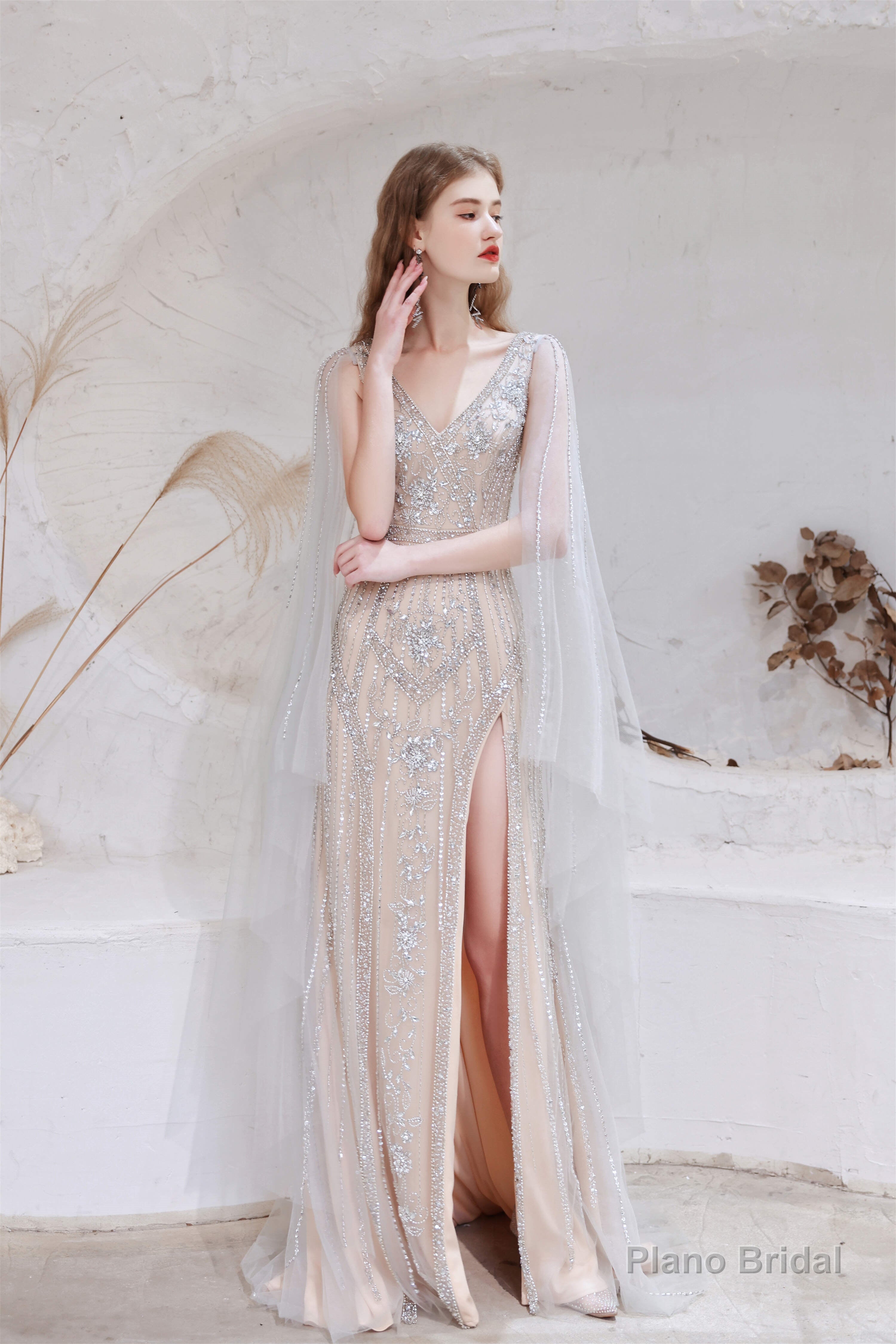 A Line V-Neck Beading Split Tulle Sweep Train Prom Dresses Secondary image