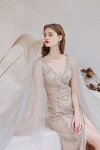 A Line V-Neck Beading Split Tulle Sweep Train Prom Dresses