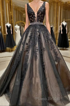A Line V Neck Black Lace Formal Prom Dresses, Black Lace Formal Evening Dresses