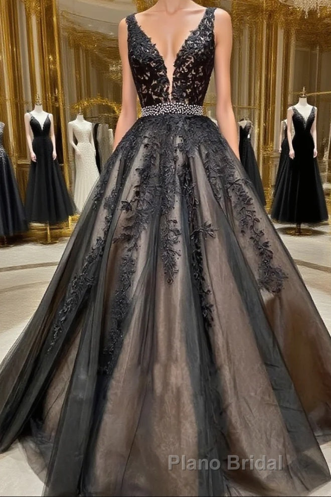 A Line V Neck Black Lace Formal Prom Dresses, Black Lace Formal Evening Dresses Main image