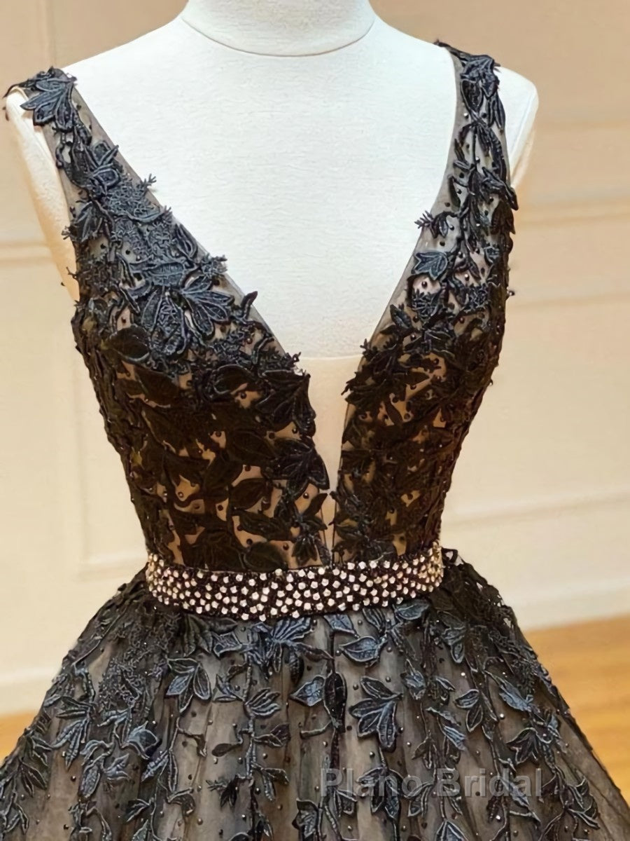 A Line V Neck Black Lace Formal Prom Dresses, Black Lace Formal Evening Dresses
