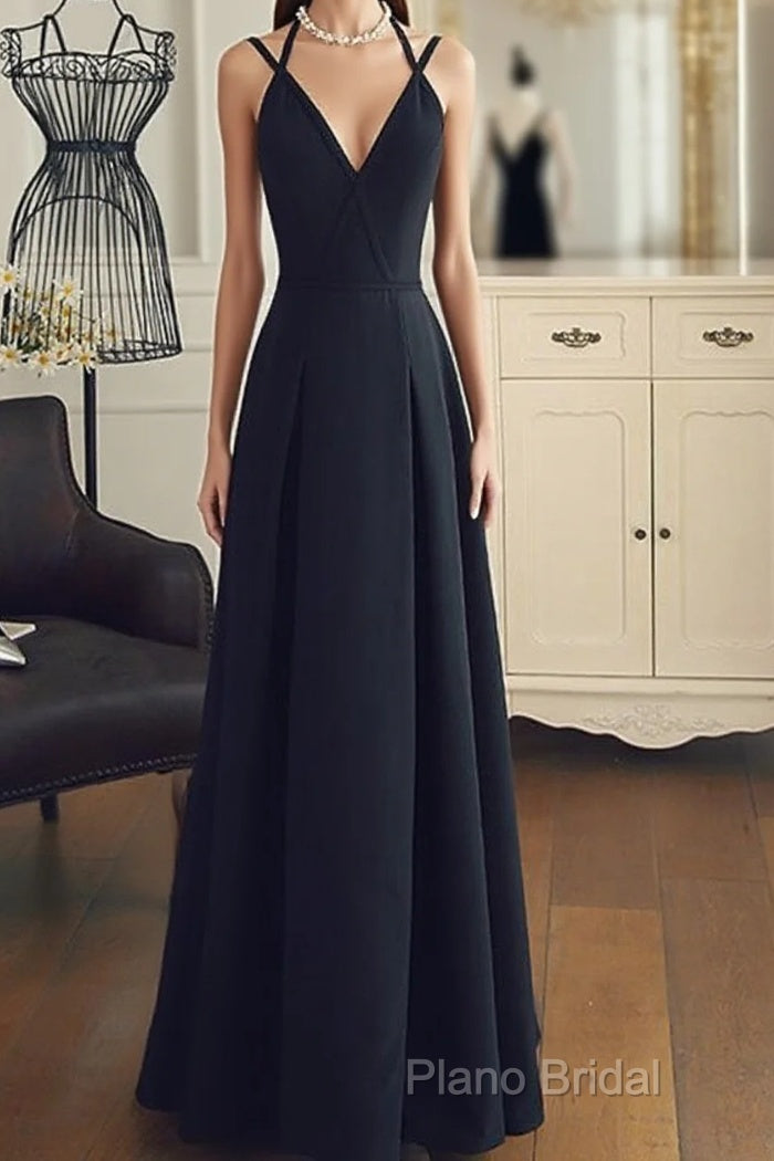 A Line V Neck Black Long Formal Prom Dresses With Corss Back, Black Long Formal Graduation Dresses