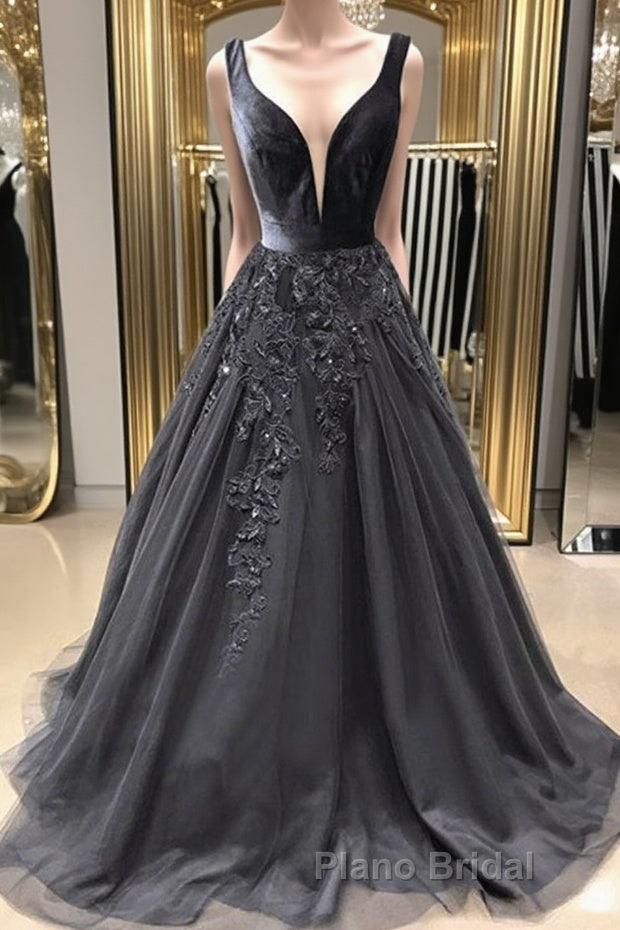 A Line V Neck Black Long Formal Prom Dresses with Lace Appliques, V Neck Black Lace Formal Evening Dresses Main image