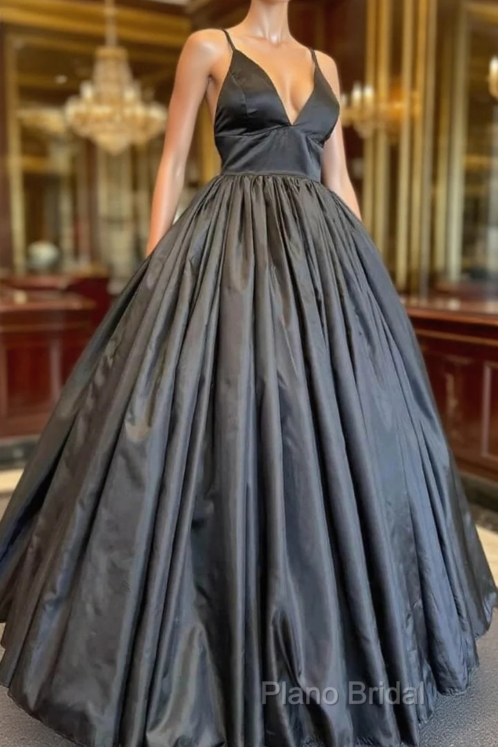 A Line V Neck Black Formal Prom Dresses With Pocket Long Satin Formal Graduation Dresses Main image