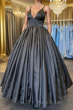 A Line V Neck Black Satin Long Formal Prom Dress with Pocket, V Neck Black Formal Graduation Evening Dress