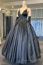 A Line V Neck Black Satin Long Formal Prom Dress with Pocket, V Neck Black Formal Graduation Evening Dress