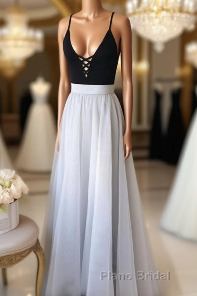 A Line V Neck Black Top Gray Formal Prom Dresses, Gray Formal Dresses, V Neck Black Top Gray Evening Dresses, Graduation Dresses