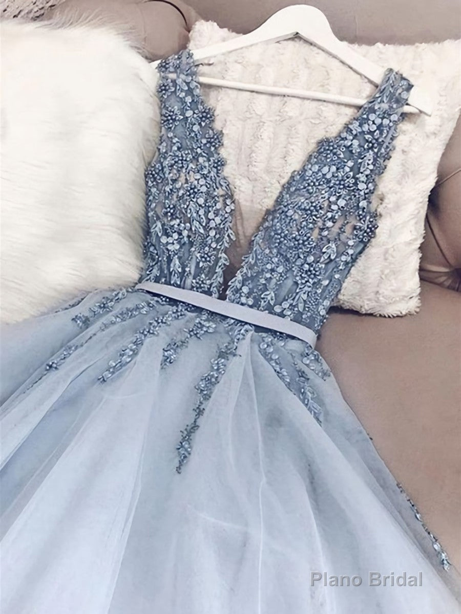 A Line V Neck Blue Beaded Long Prom Dresses, Blue Beaded Long Formal Evening Dresses Main image