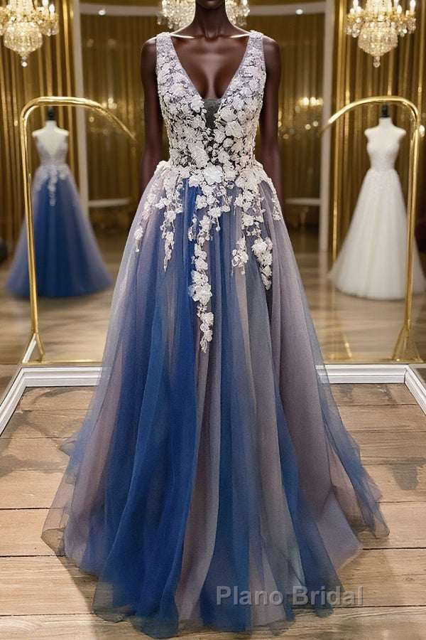 A Line V Neck Blue Lace Long Formal Prom Dress, Long Blue Formal Evening Dress Main image
